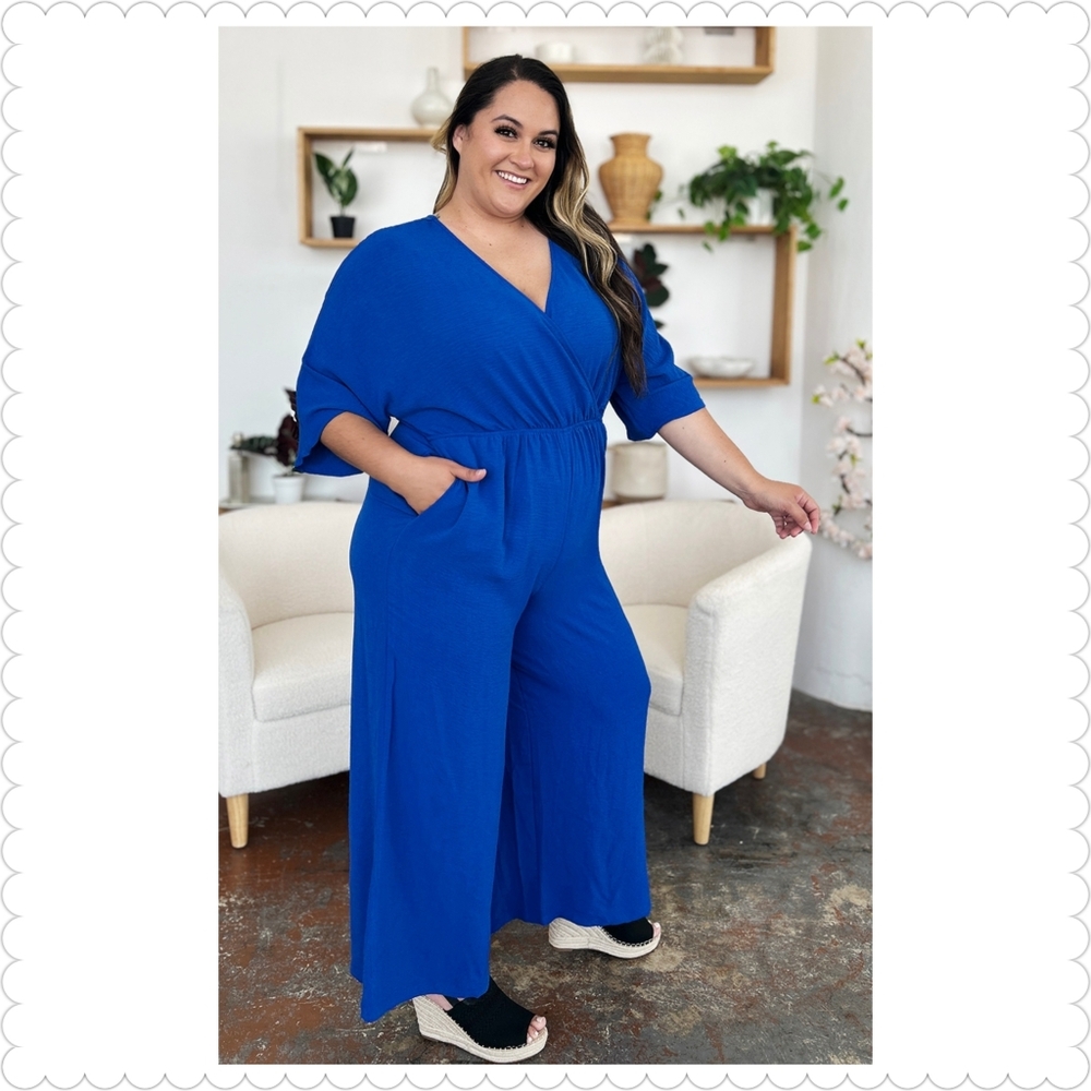 Blue Wide-Leg Surplice Jumpsuit - Picture 14 of 15